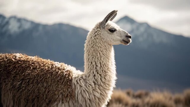 Ultra HD Closeup of a llama in a field with snowcapped mountains in the distance, Llama moving forward video, Guanaco walking in a mountain video