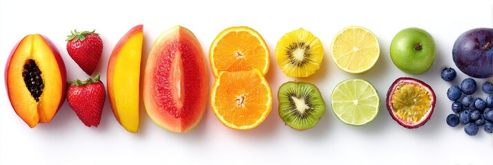 Colorful fruit slices arranged in a row on a white background