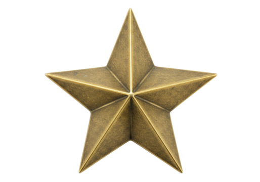 Isolated five-point brass star award emblem, vintage metal sheriff badge, military insignia