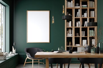 Modern study room interior with large blank frame