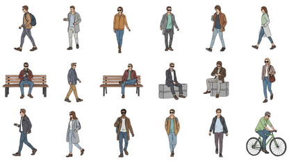 Urban and Landscape Elements Vector Set – People, Vehicles, and Plants in Silhouette and Outline Styles AI EPS PNG JPEG
