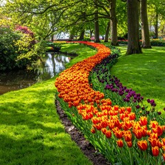 Colorful tulip garden by a stream