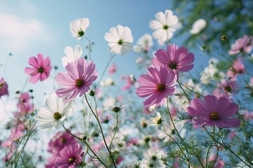 Obraz premium Pink and white cosmos flowers against a clear blue sky
