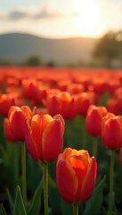 Obraz premium A field of red tulips with the sun setting behind them.