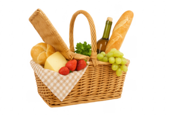 Picnic basket filled with food and wine on transparent background
