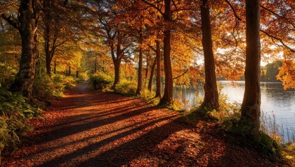 Obraz premium Autumnal path by a lake. Sunlight through colorful trees casts long shadows on the path