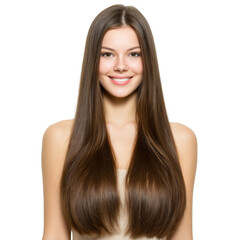 Beautiful Young Woman with Long Straight Hair Smiling Brightly Against a White Background
