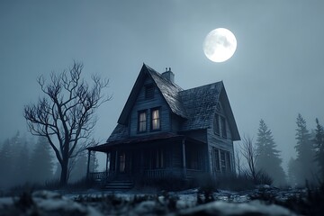 Spooky abandoned house at night with fog surrounding it and a full moon in the background, evoking a haunting atmosphere.