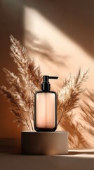 Cosmetic pump bottle with natural dried grass on pedestal, warm light and shadow