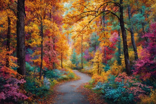 A vibrant autumn forest path