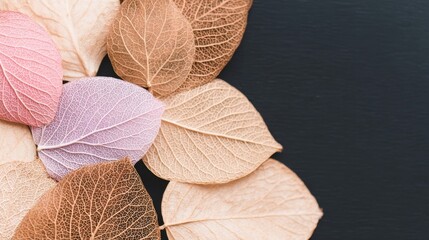 Delicate translucent skeleton leaves in soft pastel colors against a dark background.