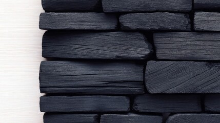Dark charcoal pieces stacked against a light textured background