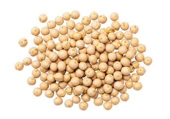 Isolated pile of dry beige chickpeas uncooked for food preparation or cooking recipes