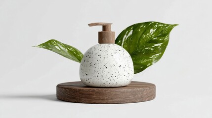 Elegant speckled soap dispenser with green leaves on a wooden base