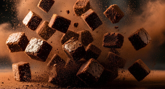 Indulge in delicious, decadent chocolate brownies falling in slow motion, perfect for dessert cravings and sweet treat promotions
