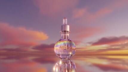 Glass dropper bottle with rainbow reflection on tranquil water at sunset