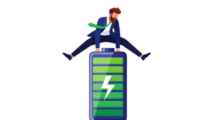 Fototapeta premium Energetic businessman in suit on a full green battery icon with lightning bolt. High power and motivation vector concept.