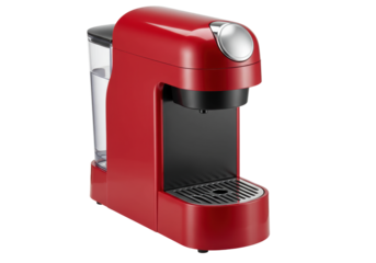 Isolated Compact Red Capsule Coffee Maker for One Cup of Coffee Ready to Serve