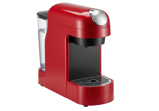Isolated Compact Red Capsule Coffee Maker for One Cup of Coffee Ready to Serve