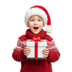 Joyful child in Christmas hat holding gift box with excitement and surprise on white background
