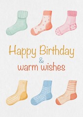 Happy birthday Greeting Card with colorful socks,  Watercolor Funny Socks Illustration, warm wishes, textured background
