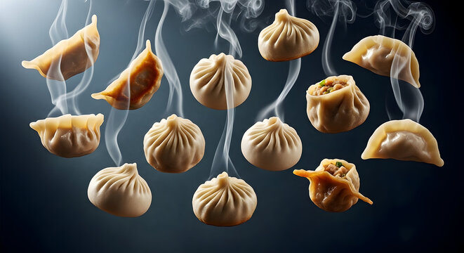 Steaming dumplings tempt with Asian cuisine flavors, offering a delicious culinary experience perfect for menus, food blogs, and restaurant promotions now