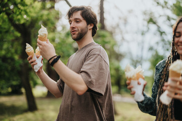 A group of friends sharing ice cream cones outdoors on a sunny, cheerful day in the park. The scene depicts joy, relaxation, and enjoyment of the tranquil environment and delicious treats.
