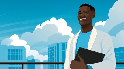 Smiling black doctor holds tablet overlooking city skyline with clouds