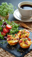 Savory baked egg muffins topped with crispy bacon and fresh herbs, accompanied by a colorful salad and coffee