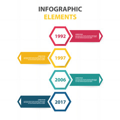 Timeline infographic elements with hexagonal shapes and directional arrows showing progression over years