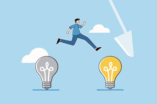 Business transformation, entrepreneur leaps from outdated to a brilliant new lighting concept.