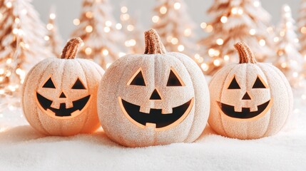 Three jack-o-lanterns with sparkling texture sit in snow with bokeh lights