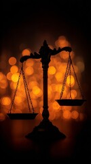 Vintage scales of justice silhouette with bokeh lights