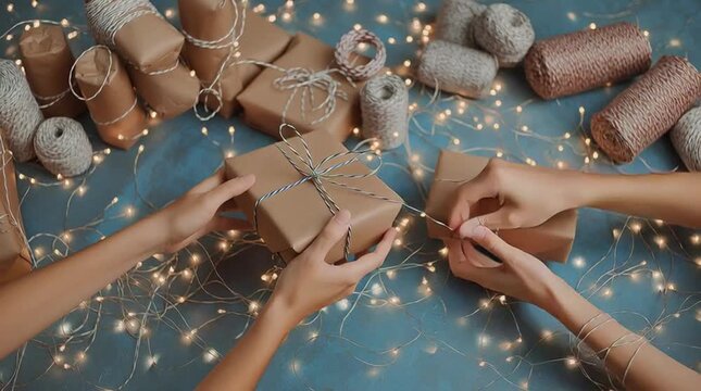 Hands Tying String on Brown Paper Wrapped Gift, Christmas Presents, Holiday Preparation, Festive Atmosphere, Blue Background with String Lights