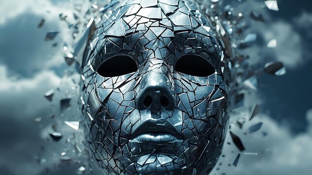 A shattered metallic mask disintegrates into countless fragments against a cloudy sky.