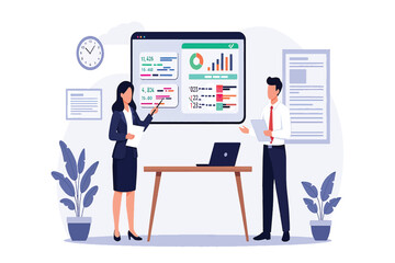 Business meeting in progress with data analysis on screen