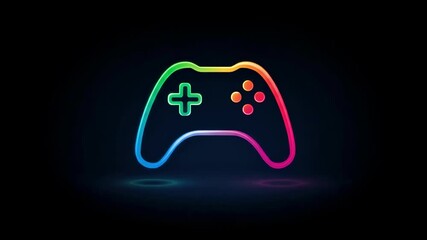 Colorful neon gaming controller icon glowing against a dark background, symbolizing digital entertainment - Powered by Adobe