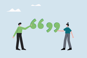 Fototapeta premium businessman and businesswoman standing with quotation mark sign.