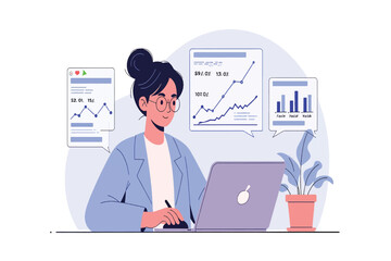 Businesswoman analyzing data with charts and graphs on laptop