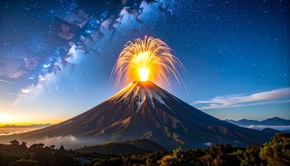 Volcano erupting at night under a starry sky