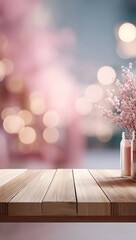 Pastel pink and blue background with soft bokeh lights and a rustic wooden table perfect for product display