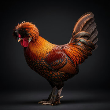 Majestic ornamental rooster (perhaps Polish or Houdan) on a dark background, a symbol of pride, vigor, and rustic elegance
