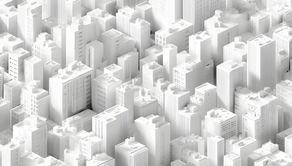 Modern cityscape with minimalist white and glass buildings, showcasing contemporary urban architecture and abstract design elements