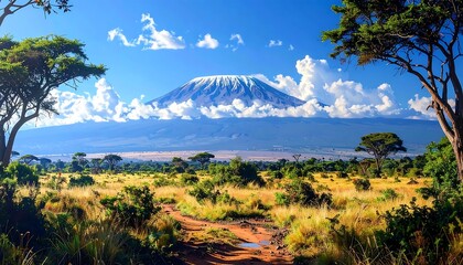 Majestic, snow-capped mountain rising above a lush, green savanna on a sunny day