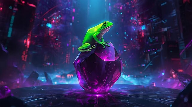 A vibrant green frog perched majestically atop a glowing purple crystal in a futuristic, neon-lit cityscape. - Powered by Adobe