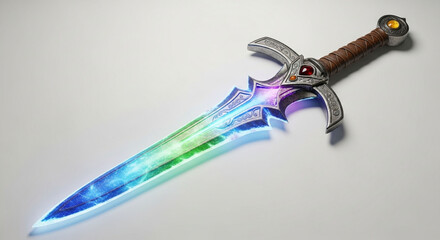 A stunning rainbow sword with intricate details, isolated on white background, showcasing a blend of fantasy and realism, perfect for game design and digital art projects
