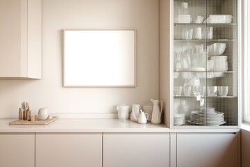 Modern beige kitchen with blank art