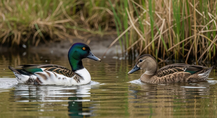 Obraz premium On a serene day, a pair of ducks swims gracefully in a body of water, surrounded by marsh vegetation