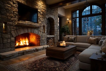 Warm fireplace design for modern interiors high resolution picture