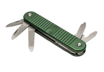 Isolated green pocket knife with various tools folded out for practical everyday use
